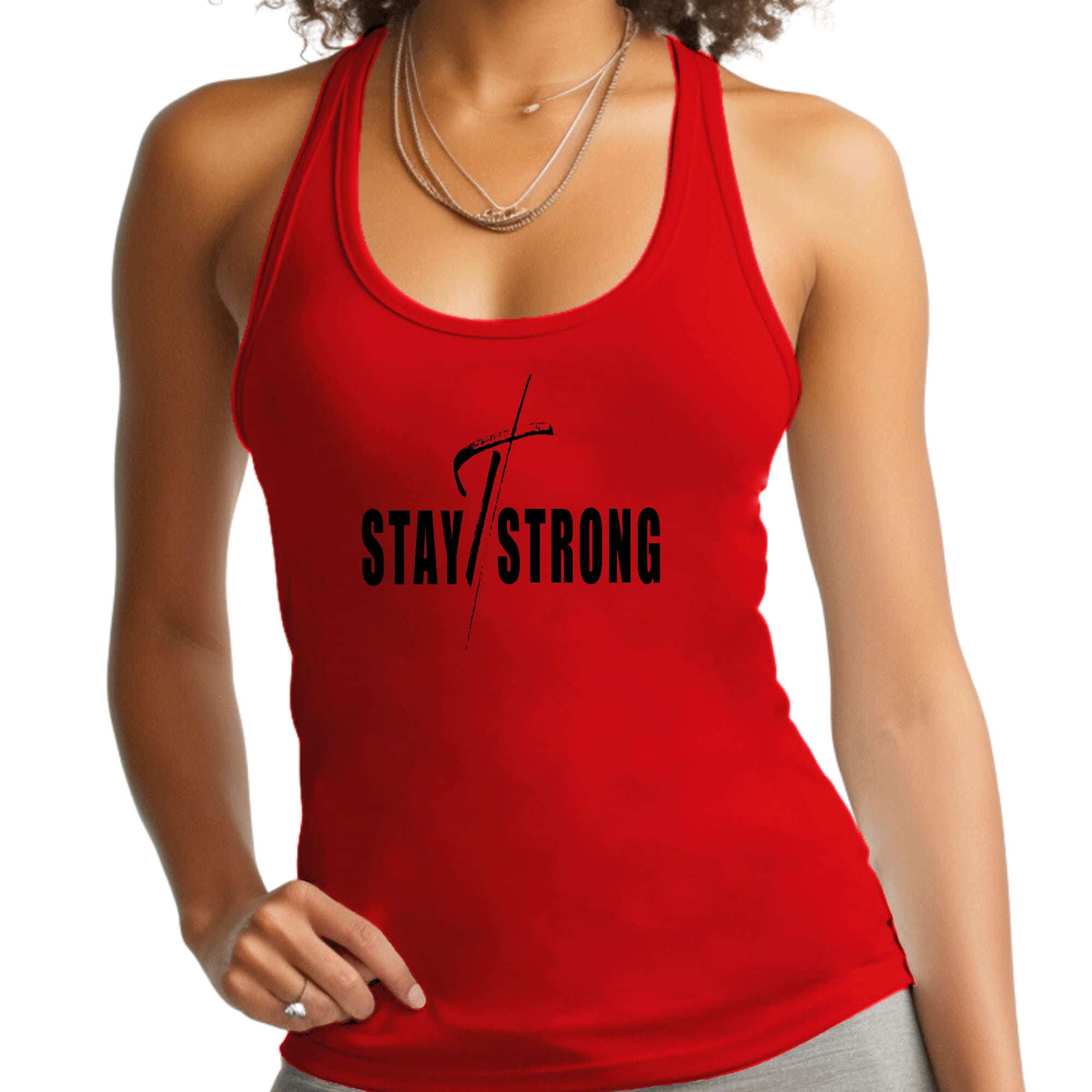 Womens Fitness Tank Top Graphic T-shirt - Stay Strong with Cross Black