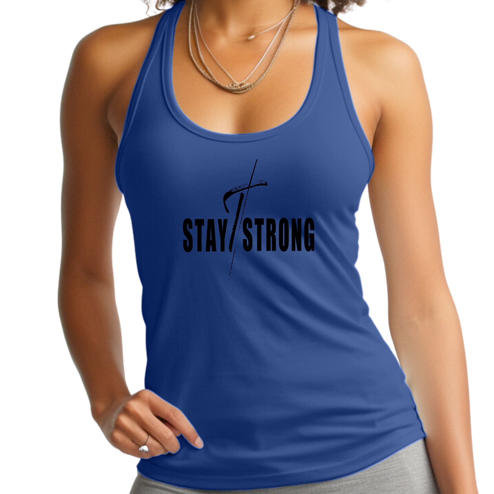 Womens Fitness Tank Top Graphic T-shirt - Stay Strong with Cross Black