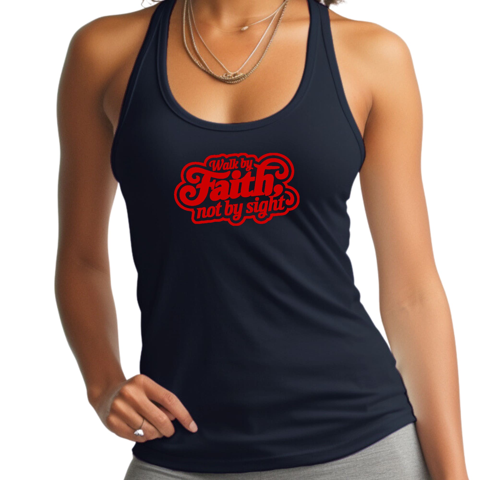 Womens Fitness Tank Top Graphic T-shirt - Walk by Faith - not by Sight