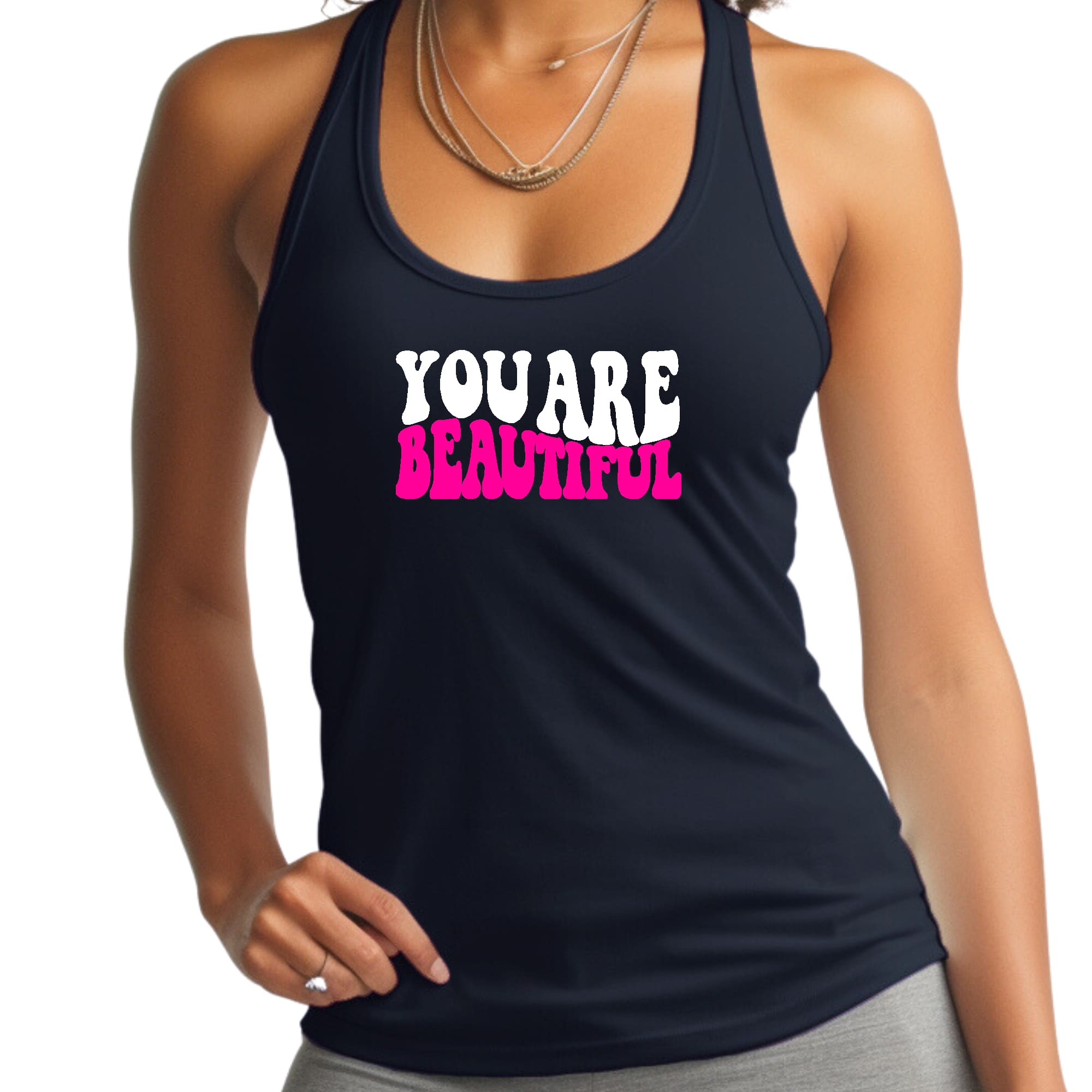 Womens Fitness Tank Top Graphic T-shirt you are Beautiful Pink White