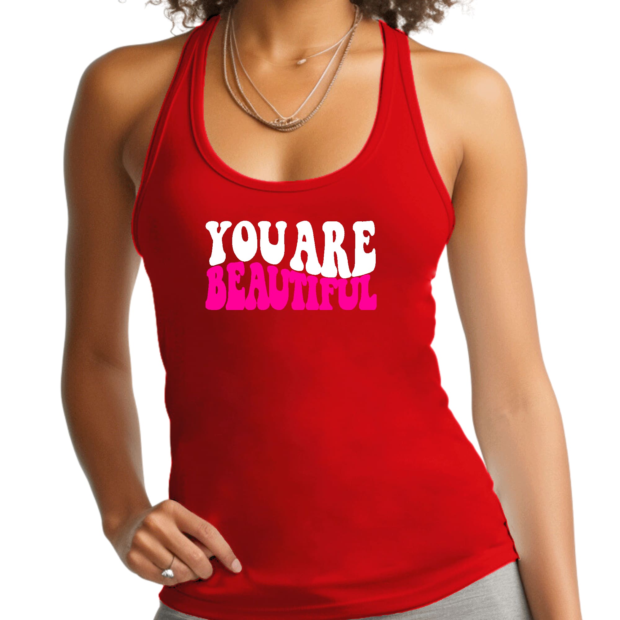 Womens Fitness Tank Top Graphic T-shirt you are Beautiful Pink White